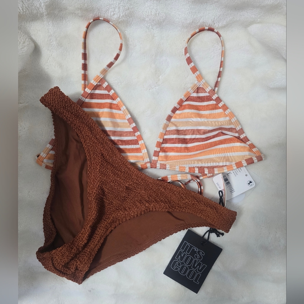 Gnash Brand Free People Striped Orange and Brown Bikini Set